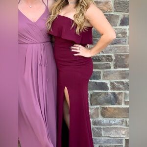 Lulu's Wine Red Off-Shoulder Maxi Dress with Side Slit